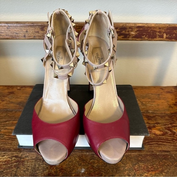 Valentino Rockstud Open Toe Pumps Heels Stiletto Ankle Straps Red Leather - Picture 6 of 16